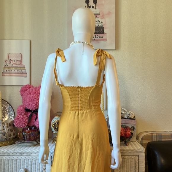 Reformation Nikita ruffled midi dress w/bow tie straps in mustard color size 2 - Picture 4 of 12